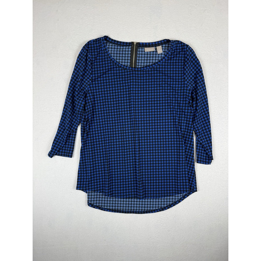 Chico's Blue Black Houndstooth Top Size 2 Large Back Zip 3/4 Sleeve Blouse